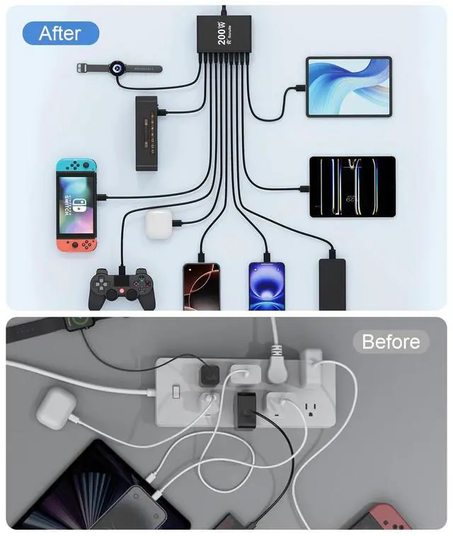 Alt view image 6 of 7 - USB C Charging Station 10 Port with 4 USB Cables, 200W GaN Type C Charger Block, Wall Charger Power Strip Adapter Plug for iPad iPhone17 16 15 14 13 12 Pro Max Pixel Note Galaxy