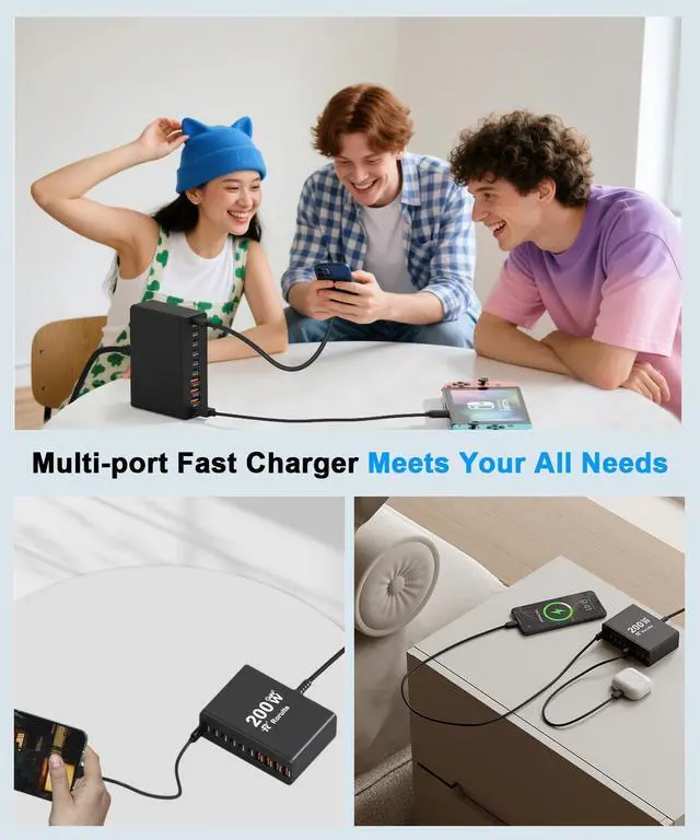 Alt view image 7 of 7 - USB C Charging Station 10 Port with 4 USB Cables, 200W GaN Type C Charger Block, Wall Charger Power Strip Adapter Plug for iPad iPhone17 16 15 14 13 12 Pro Max Pixel Note Galaxy