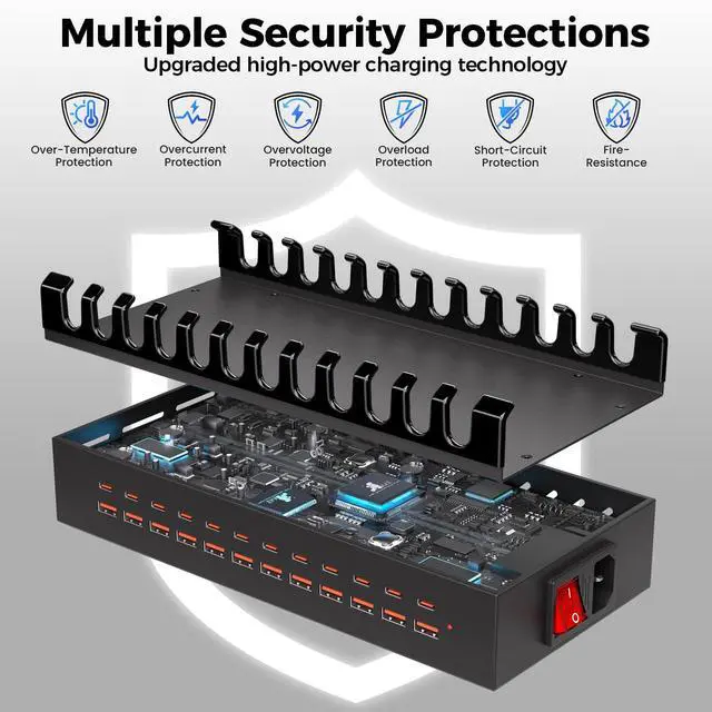 Alt view image 5 of 7 - 300W USB Charging Station for Multiple Devices, 24 Port USB ~C Fast Charging Station, Multi Device Charger Station Organizer Compatible with Tablet, Laptop, Cellphone, iPhone, iPad and More