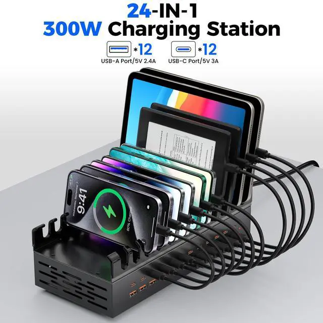 Alt view image 2 of 7 - 300W USB Charging Station for Multiple Devices, 24 Port USB ~C Fast Charging Station, Multi Device Charger Station Organizer Compatible with Tablet, Laptop, Cellphone, iPhone, iPad and More