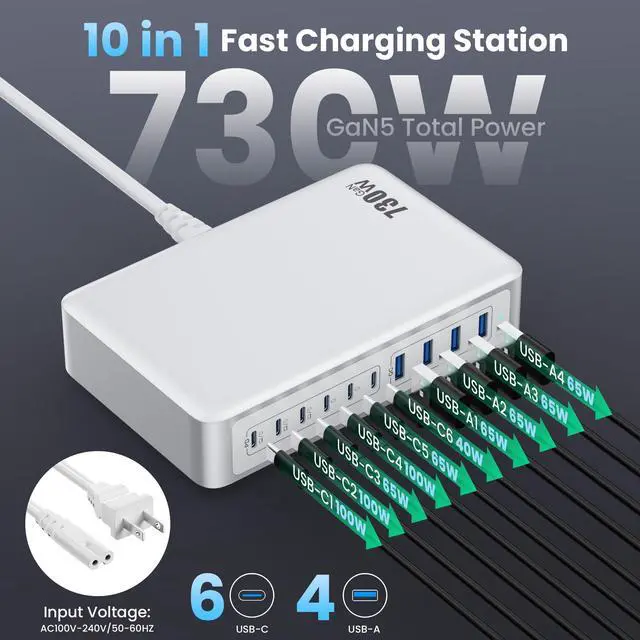 Alt view image 2 of 7 - 730W USB C Charger Block,10-Ports GaN V Fast Charging Station Hub,QC4.0+Three PD 100W Laptop Charger Wall Power Adapter for MacBook Pro/Air,DELL,iPhone 17/16/15,iPad,Galaxy S25,Pixel,Steam Desk etc
