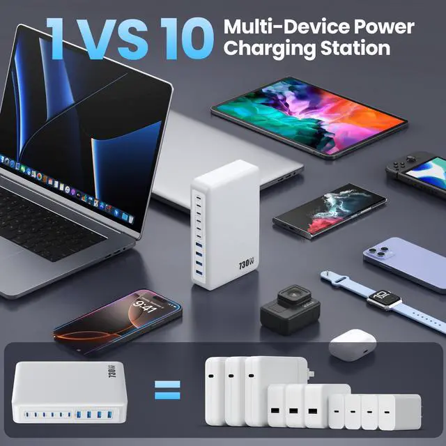 Alt view image 4 of 7 - 730W USB C Charger Block,10-Ports GaN V Fast Charging Station Hub,QC4.0+Three PD 100W Laptop Charger Wall Power Adapter for MacBook Pro/Air,DELL,iPhone 17/16/15,iPad,Galaxy S25,Pixel,Steam Desk etc