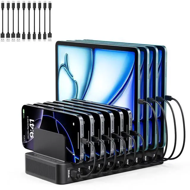 Main image of USB C Charging Station for Multiple Devices, 10-Port 100W Charging Dock, with Adjustable Dividers, USB-C Power Hub, Compatible with iPhone/Samsung/Google/Tablets/USB Devices (with 10 Cables)