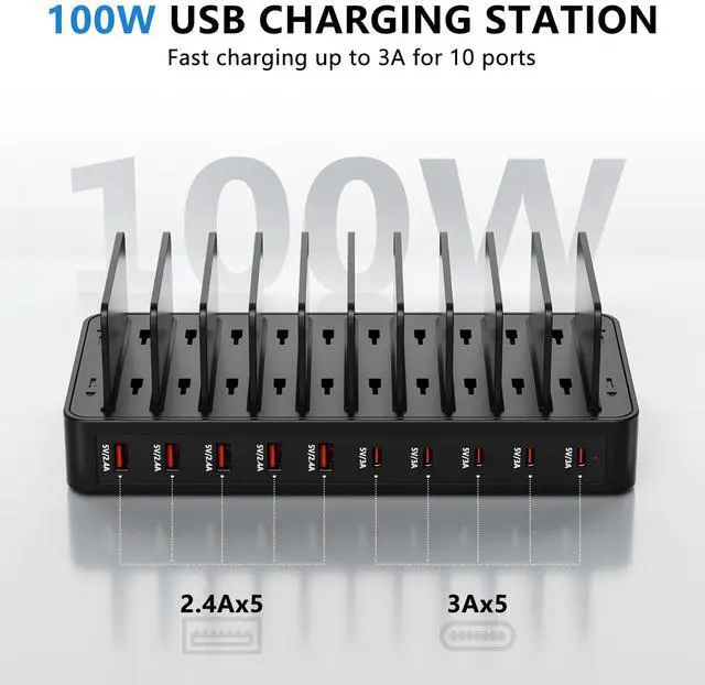 Alt view image 3 of 7 - USB C Charging Station for Multiple Devices, 10-Port 100W Charging Dock, with Adjustable Dividers, USB-C Power Hub, Compatible with iPhone/Samsung/Google/Tablets/USB Devices (with 10 Cables)