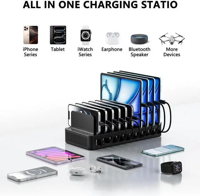 Alt view image 2 of 7 - USB C Charging Station for Multiple Devices, 10-Port 100W Charging Dock, with Adjustable Dividers, USB-C Power Hub, Compatible with iPhone/Samsung/Google/Tablets/USB Devices (with 10 Cables)