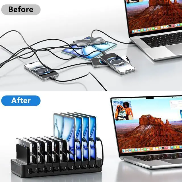 Alt view image 4 of 7 - USB C Charging Station for Multiple Devices, 10-Port 100W Charging Dock, with Adjustable Dividers, USB-C Power Hub, Compatible with iPhone/Samsung/Google/Tablets/USB Devices (with 10 Cables)