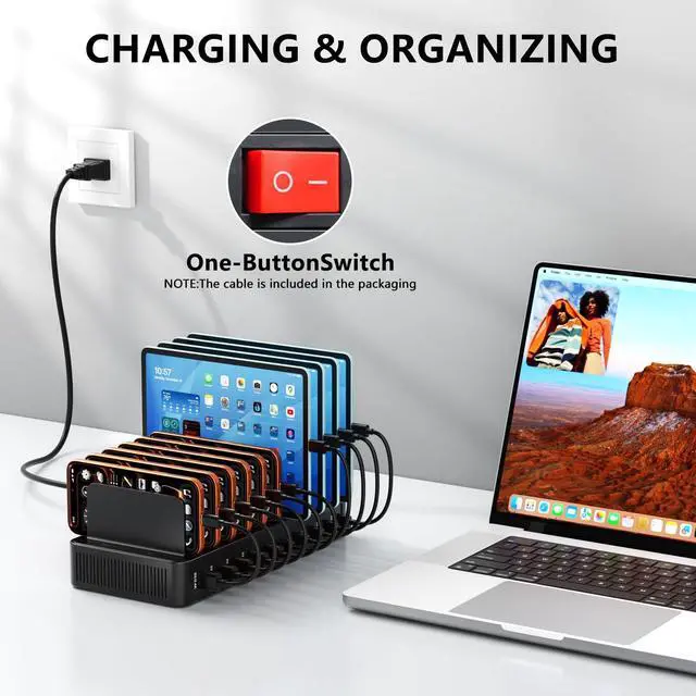 Alt view image 5 of 7 - USB C Charging Station for Multiple Devices, 10-Port 100W Charging Dock, with Adjustable Dividers, USB-C Power Hub, Compatible with iPhone/Samsung/Google/Tablets/USB Devices (with 10 Cables)