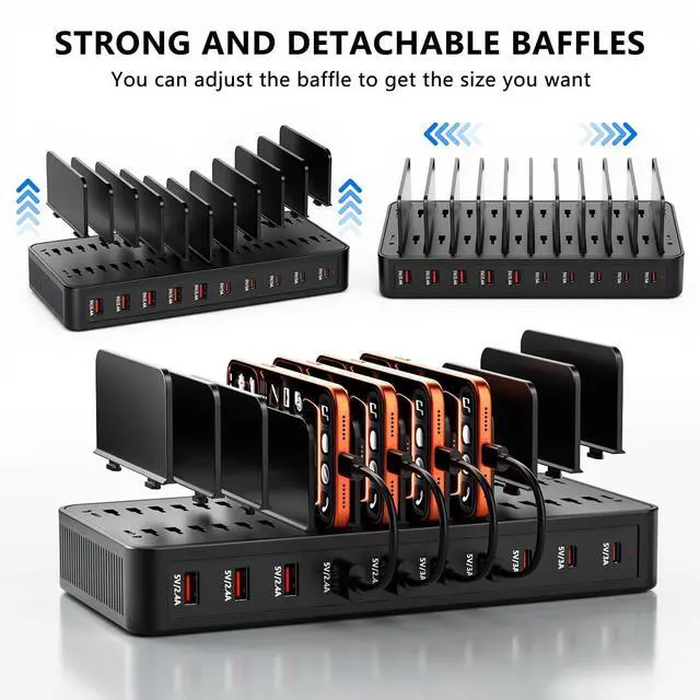 Alt view image 6 of 7 - USB C Charging Station for Multiple Devices, 10-Port 100W Charging Dock, with Adjustable Dividers, USB-C Power Hub, Compatible with iPhone/Samsung/Google/Tablets/USB Devices (with 10 Cables)