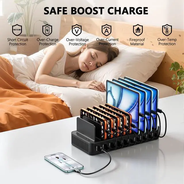 Alt view image 7 of 7 - USB C Charging Station for Multiple Devices, 10-Port 100W Charging Dock, with Adjustable Dividers, USB-C Power Hub, Compatible with iPhone/Samsung/Google/Tablets/USB Devices (with 10 Cables)