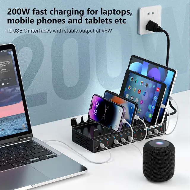 Alt view image 2 of 7 - 200W USB C Charging Station,Charger with 10 PD Ports, Stations for MacBook, iPhone, Android Cell Phone, iPad, Tablet, Family Multi-Device Organizer Charging Dock