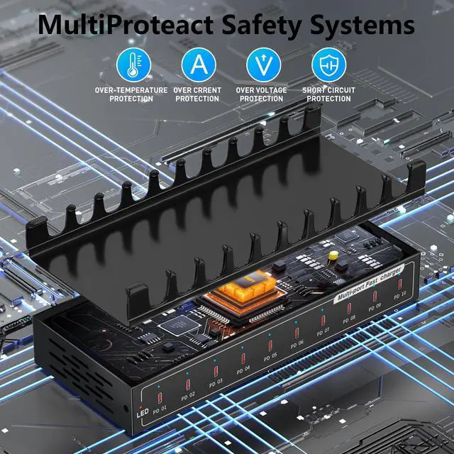 Alt view image 6 of 7 - 200W USB C Charging Station,Charger with 10 PD Ports, Stations for MacBook, iPhone, Android Cell Phone, iPad, Tablet, Family Multi-Device Organizer Charging Dock