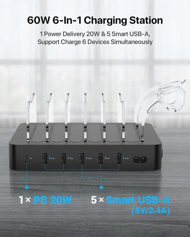 Alt view image 2 of 7 - SooPii 6-Port PD Charging Station for Multiple Devices, 20W PD USB C Fast Charging for lPhone 14/13/12,6 Short Cables Included, 2 in 1 Holder,for Phones,Tablets and Others,Black