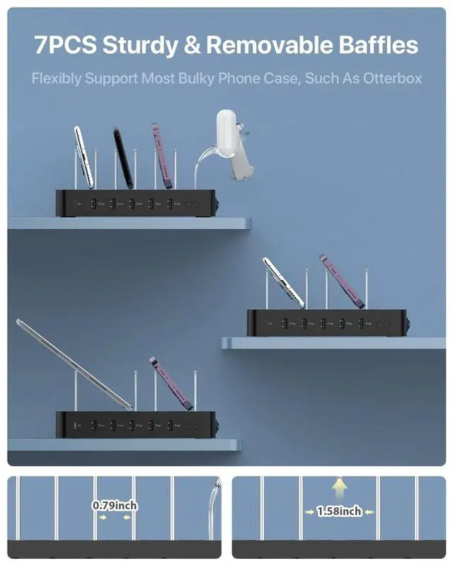 Alt view image 4 of 7 - SooPii 6-Port PD Charging Station for Multiple Devices, 20W PD USB C Fast Charging for lPhone 14/13/12,6 Short Cables Included, 2 in 1 Holder,for Phones,Tablets and Others,Black