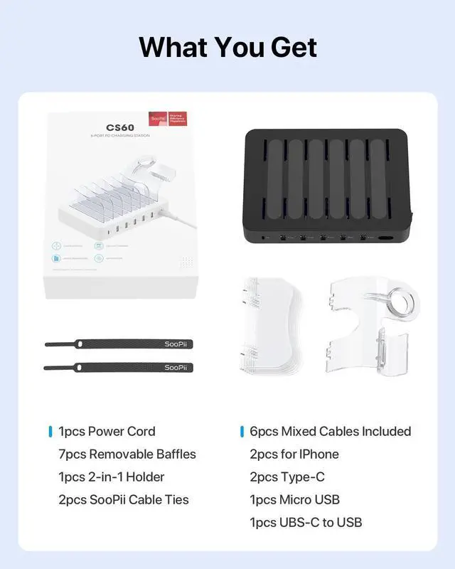 Alt view image 5 of 7 - SooPii 6-Port PD Charging Station for Multiple Devices, 20W PD USB C Fast Charging for lPhone 14/13/12,6 Short Cables Included, 2 in 1 Holder,for Phones,Tablets and Others,Black
