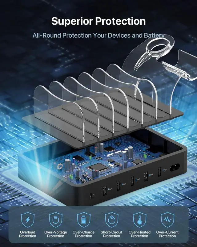Alt view image 7 of 7 - SooPii 6-Port PD Charging Station for Multiple Devices, 20W PD USB C Fast Charging for lPhone 14/13/12,6 Short Cables Included, 2 in 1 Holder,for Phones,Tablets and Others,Black