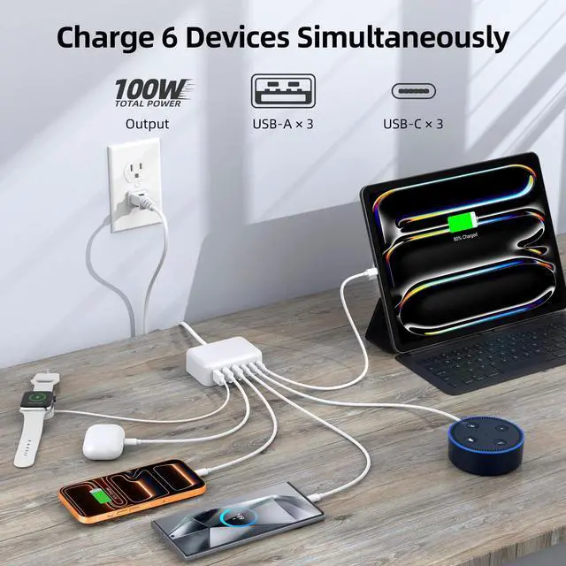 Alt view image 3 of 7 - USB C Charger Block, 100W GaN 6 Port PD USB C QC USB A Wall Charger Adapter Plug Cube, Super Fast Type C Charging Station Hub for iPhone 17 16 15 14 13 Pro Max iPad Samsung Pixel 5ft Extension Cord