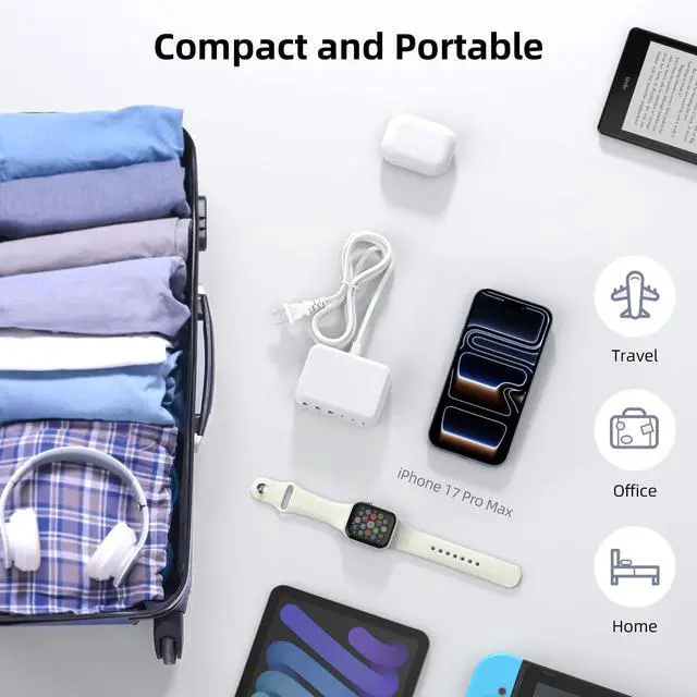 Alt view image 5 of 7 - USB C Charger Block, 100W GaN 6 Port PD USB C QC USB A Wall Charger Adapter Plug Cube, Super Fast Type C Charging Station Hub for iPhone 17 16 15 14 13 Pro Max iPad Samsung Pixel 5ft Extension Cord