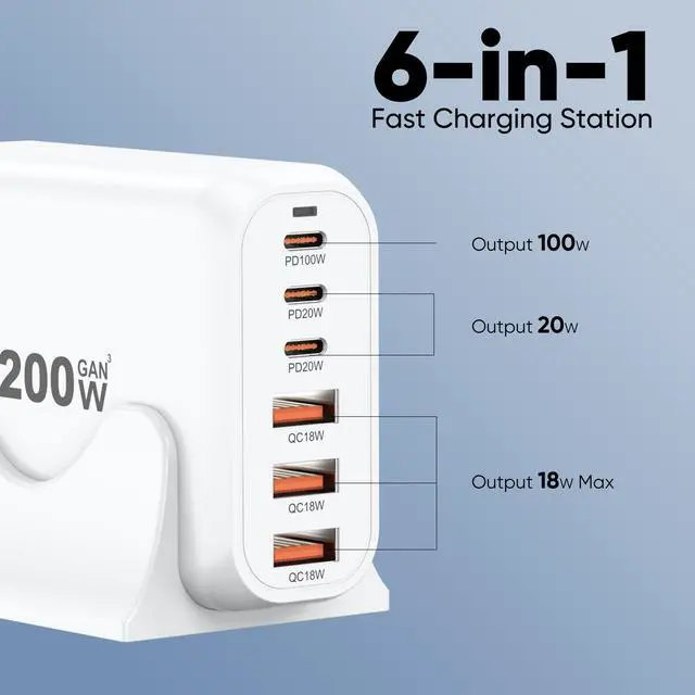 Alt view image 5 of 7 - 200W USB C Charger Block Multiple Ports, FEMORO GaN III USB Charging Station 6 Ports Hub, Multi Port for Laptop MacBook iPad iPhone 15 Galaxy Google Pixel Motorola Dell AirPods Switch