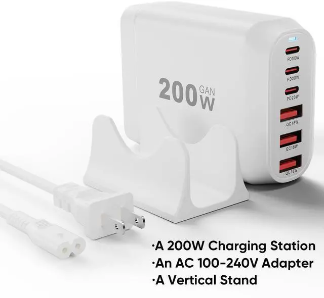 Alt view image 7 of 7 - 200W USB C Charger Block Multiple Ports, FEMORO GaN III USB Charging Station 6 Ports Hub, Multi Port for Laptop MacBook iPad iPhone 15 Galaxy Google Pixel Motorola Dell AirPods Switch