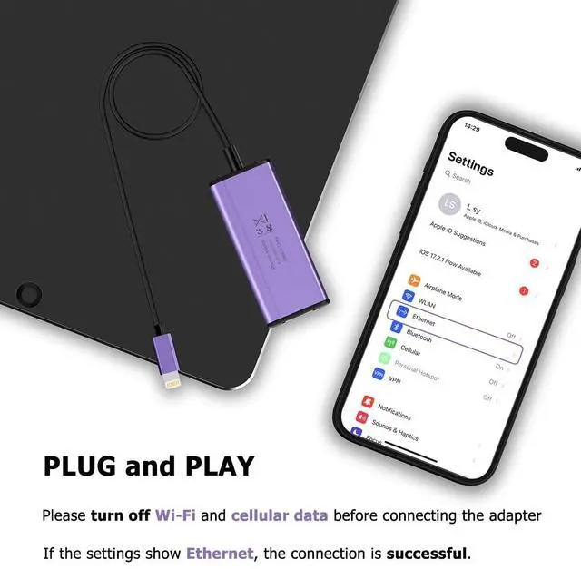Alt view image 4 of 6 - Lightning to 1000Mbps Ethernet Adapter, IVSHOWCO 2 in 1 iPhone iPad to RJ45 Ethernet LAN Network Adapter with Charging Port, 1 Gigabit High Speed,Plug and Play(1.77Ft)