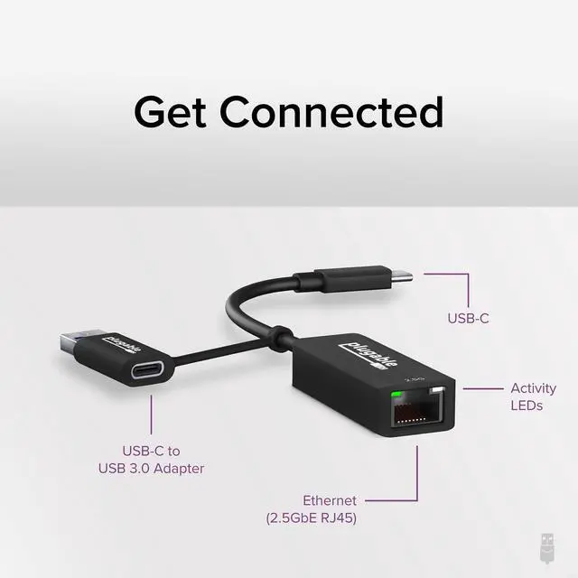 Alt view image 2 of 7 - Plugable 2.5G USB-C and USB to Ethernet Adapter  Dual-Connector 2-in-1 USB-C to RJ45 2.5Gbps LAN, Compatible with Thunderbolt 5 & 4, USB4, USB 3.0, Windows, Mac, ChromeOS, iPhone 15 & 16