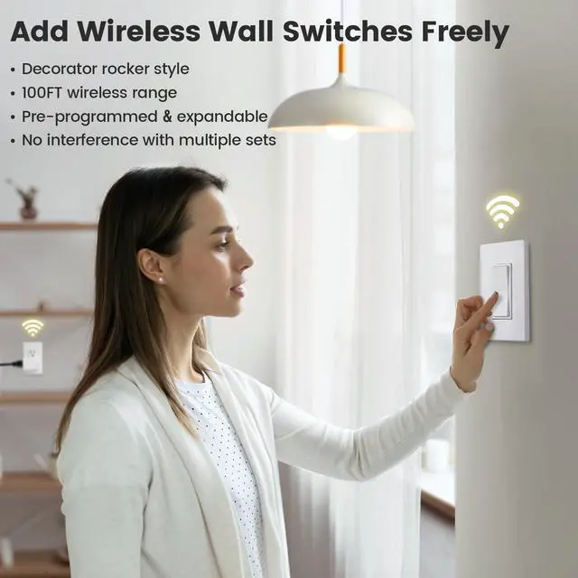Alt view image 2 of 7 - SURAIELEC Wireless Light Switch, Remote Control Outlet, Decorator Rocker Wall Switch, 15 AMP, 100ft RF Range, No Wiring No WiFi, for Plug in Pendant Light, Lamp, Small Electrical Appliance