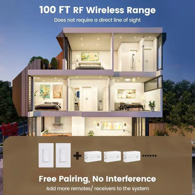 Alt view image 5 of 7 - SURAIELEC Wireless Light Switch, Remote Control Outlet, Decorator Rocker Wall Switch, 15 AMP, 100ft RF Range, No Wiring No WiFi, for Plug in Pendant Light, Lamp, Small Electrical Appliance