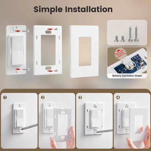 Alt view image 7 of 7 - SURAIELEC Wireless Light Switch, Remote Control Outlet, Decorator Rocker Wall Switch, 15 AMP, 100ft RF Range, No Wiring No WiFi, for Plug in Pendant Light, Lamp, Small Electrical Appliance