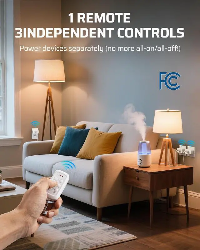 Alt view image 3 of 7 - DEWENWILS Indoor Remote Control Outlet, Wireless Remote Outlets Switch, No Interference, 15A/1875W, 100FT RF Range, Compact Light Switch for Lamp, Christmas Decor, 3 Outlets FCC Listed