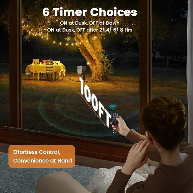 Alt view image 3 of 7 - SURAIELEC Outdoor Power Stake Timer Waterproof, 100FT Wireless Remote Control, Photocell Dusk to Dawn Timer, 6 Grounded Plug Outlets, 6FT Extension Cord, for Halloween Decoration, Lights, Garden