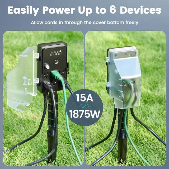 Alt view image 4 of 7 - SURAIELEC Outdoor Power Stake Timer Waterproof, 100FT Wireless Remote Control, Photocell Dusk to Dawn Timer, 6 Grounded Plug Outlets, 6FT Extension Cord, for Halloween Decoration, Lights, Garden