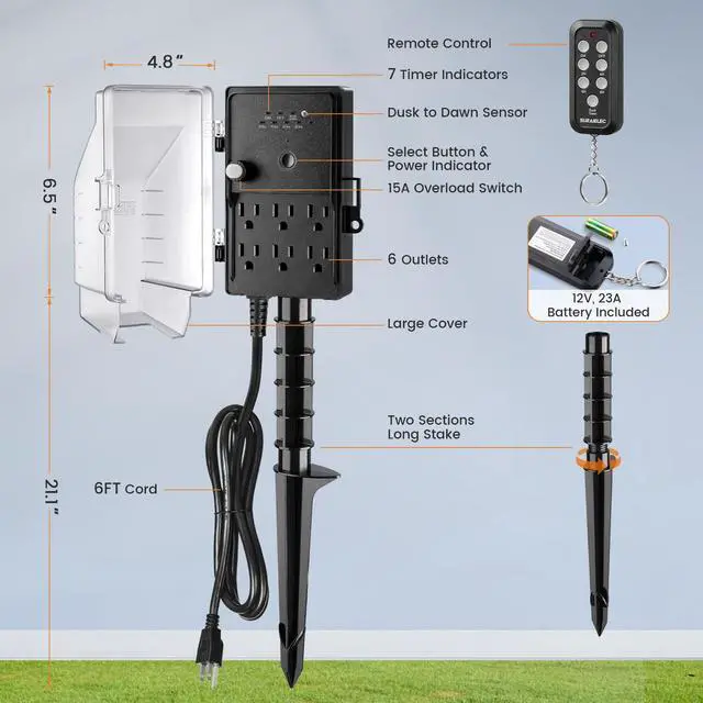 Alt view image 7 of 7 - SURAIELEC Outdoor Power Stake Timer Waterproof, 100FT Wireless Remote Control, Photocell Dusk to Dawn Timer, 6 Grounded Plug Outlets, 6FT Extension Cord, for Halloween Decoration, Lights, Garden