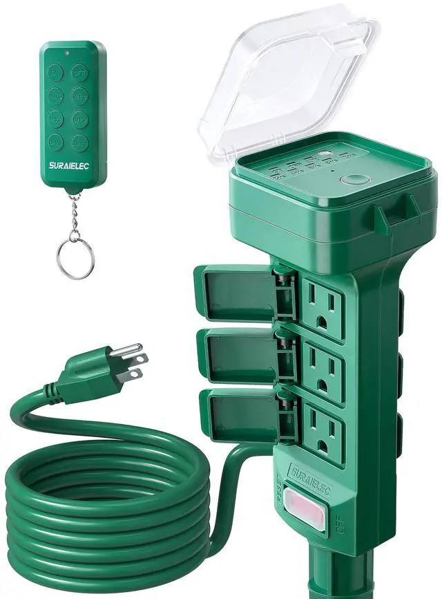 Main image of SURAIELEC Outdoor Power Stake Timer Waterproof, 100FT Wireless Remote Control, Dusk to Dawn Timer, 6 Grounded Plug Outlets, 6FT Extension Cord, for Christmas Lights, Garden, Patio Lights