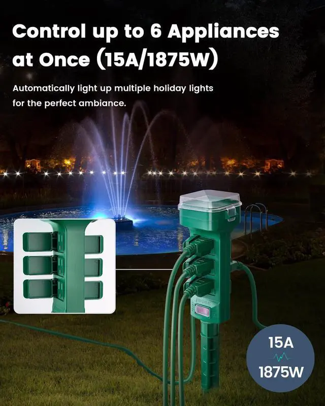 Alt view image 4 of 7 - SURAIELEC Outdoor Power Stake Timer Waterproof, 100FT Wireless Remote Control, Dusk to Dawn Timer, 6 Grounded Plug Outlets, 6FT Extension Cord, for Christmas Lights, Garden, Patio Lights