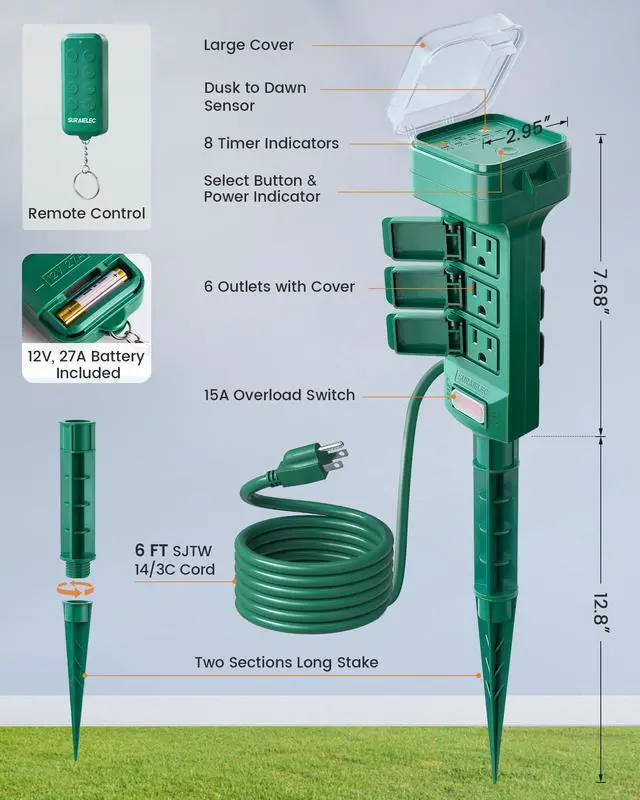 Alt view image 7 of 7 - SURAIELEC Outdoor Power Stake Timer Waterproof, 100FT Wireless Remote Control, Dusk to Dawn Timer, 6 Grounded Plug Outlets, 6FT Extension Cord, for Christmas Lights, Garden, Patio Lights