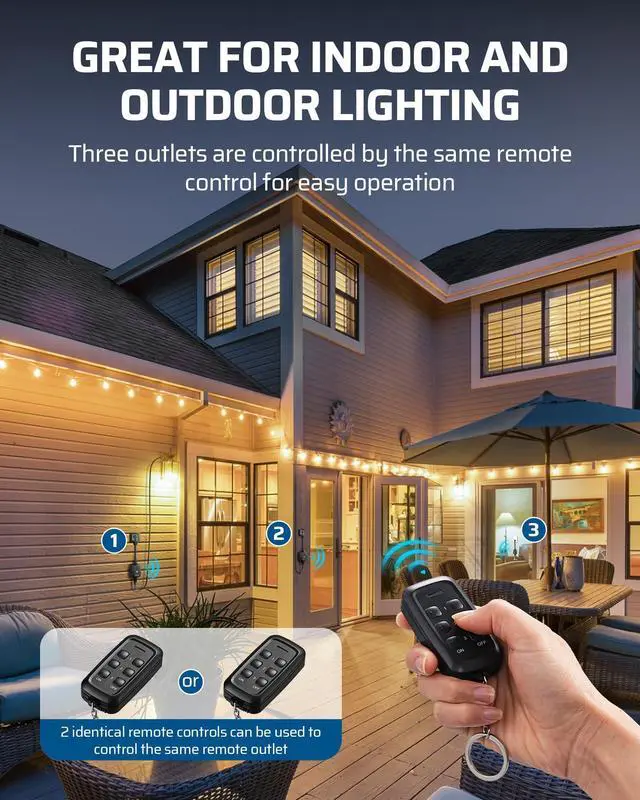 Alt view image 5 of 7 - DEWENWILS Outdoor Remote Control Outlet for Christmas Decor, Indoor Wireless Remote Control Switch, Weatherproof Plug in Switch, 3-Prong 15A, 6-Inch Cord, 100FT Range, 2 Remotes 3 Outlets, ETL Listed