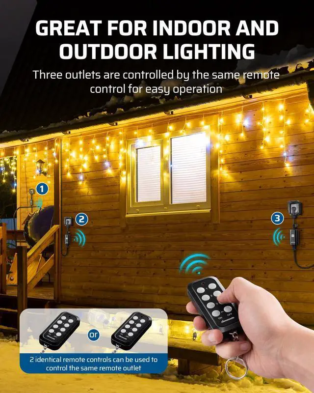 Alt view image 5 of 7 - DEWENWILS Outdoor Remote Control Outlet for Christmas Decor, Weatherproof Heavy Duty 15A Wireless Remote Control Switch, 100FT Control Range, 2 Remotes & 3 Outlets, FCC Listed (Battery Included)