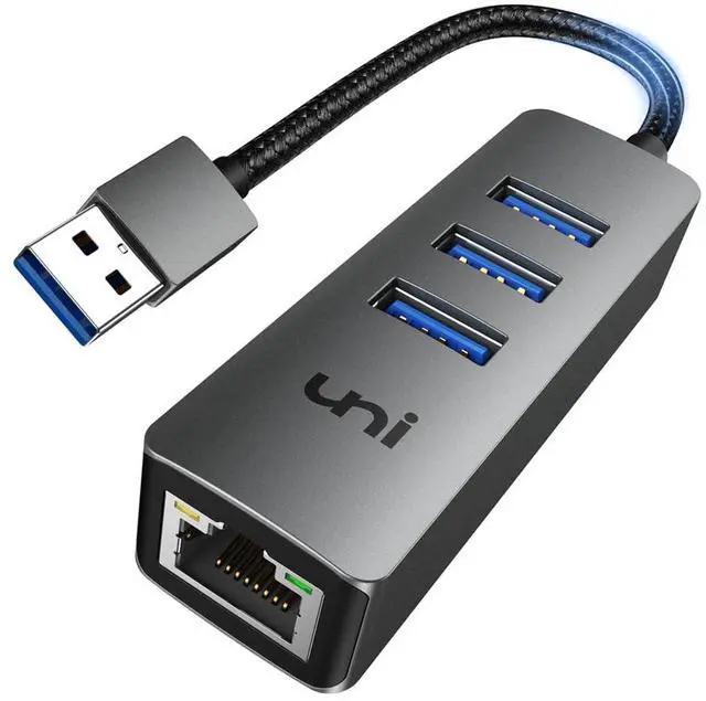 Main image of uni USB to Ethernet Adapter, USB 3.0 Hub with 100/1000 Mbps RJ45 Ethernet Driver Free, Sturdy Aluminum 4-in-1 USB-A to LAN Network Adapter Compatible with iMac, PC, Chromebook Laptops, and More