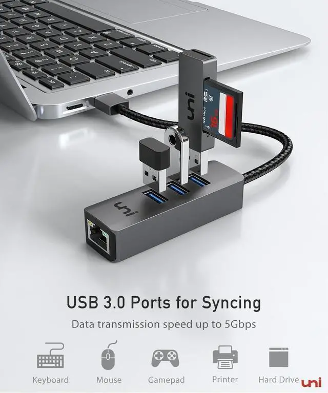 Alt view image 3 of 7 - uni USB to Ethernet Adapter, USB 3.0 Hub with 100/1000 Mbps RJ45 Ethernet Driver Free, Sturdy Aluminum 4-in-1 USB-A to LAN Network Adapter Compatible with iMac, PC, Chromebook Laptops, and More