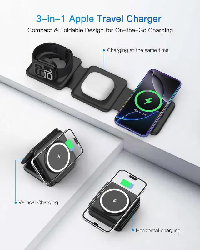 Alt view image 3 of 7 - Magnetic Wireless Charger for iPhone: Fodable 3 in 1 Charging Station for Multiple Apple Devices - Travel Charging Pad Dock for Apple Watch iPhone 16 15 14 13 12 Pro Max Plus & Airpod