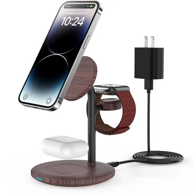Main image of XooFly 3 in 1 Wireless Charging Station for Apple Devices, Fast Wireless Mag-Safe Charger Stand with 20W Adapter for iPhone 17/16 15 14 13 12 Pro Max/Pro/Plus/Air/Mini,iWatch,AirPods,Brown Wood Grain