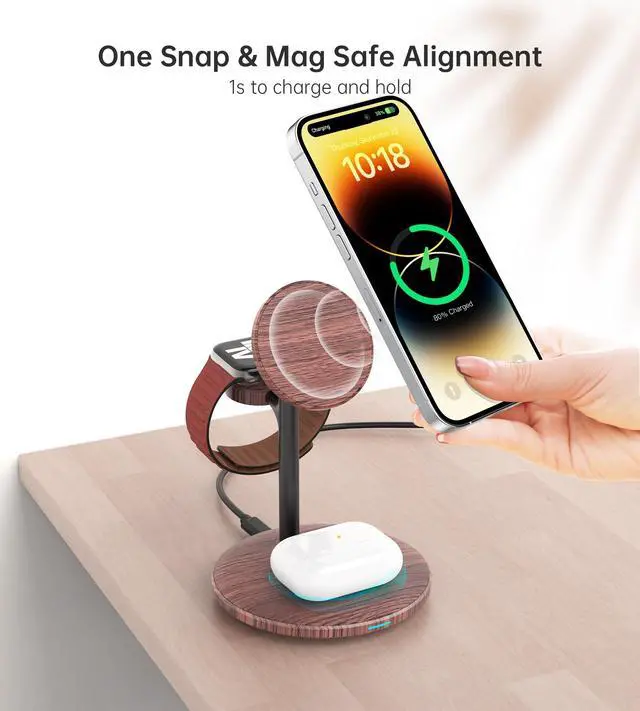 Alt view image 2 of 7 - XooFly 3 in 1 Wireless Charging Station for Apple Devices, Fast Wireless Mag-Safe Charger Stand with 20W Adapter for iPhone 17/16 15 14 13 12 Pro Max/Pro/Plus/Air/Mini,iWatch,AirPods,Brown Wood Grain