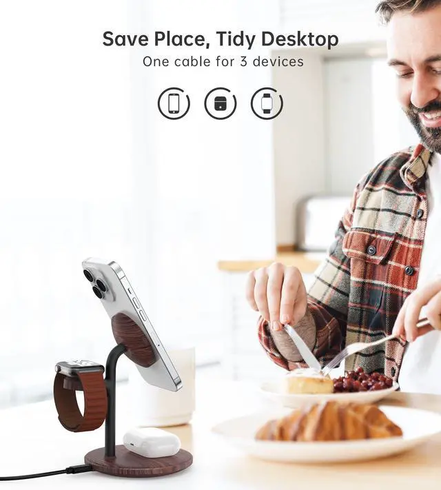 Alt view image 3 of 7 - XooFly 3 in 1 Wireless Charging Station for Apple Devices, Fast Wireless Mag-Safe Charger Stand with 20W Adapter for iPhone 17/16 15 14 13 12 Pro Max/Pro/Plus/Air/Mini,iWatch,AirPods,Brown Wood Grain