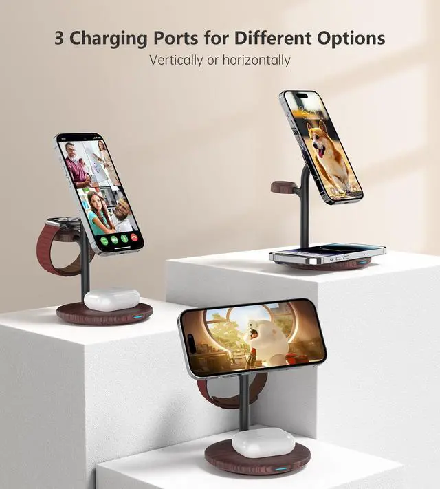Alt view image 4 of 7 - XooFly 3 in 1 Wireless Charging Station for Apple Devices, Fast Wireless Mag-Safe Charger Stand with 20W Adapter for iPhone 17/16 15 14 13 12 Pro Max/Pro/Plus/Air/Mini,iWatch,AirPods,Brown Wood Grain
