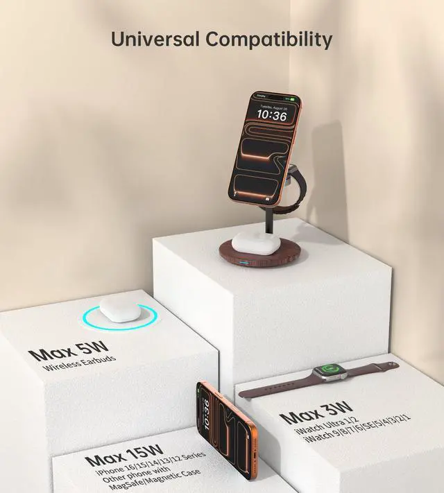 Alt view image 5 of 7 - XooFly 3 in 1 Wireless Charging Station for Apple Devices, Fast Wireless Mag-Safe Charger Stand with 20W Adapter for iPhone 17/16 15 14 13 12 Pro Max/Pro/Plus/Air/Mini,iWatch,AirPods,Brown Wood Grain