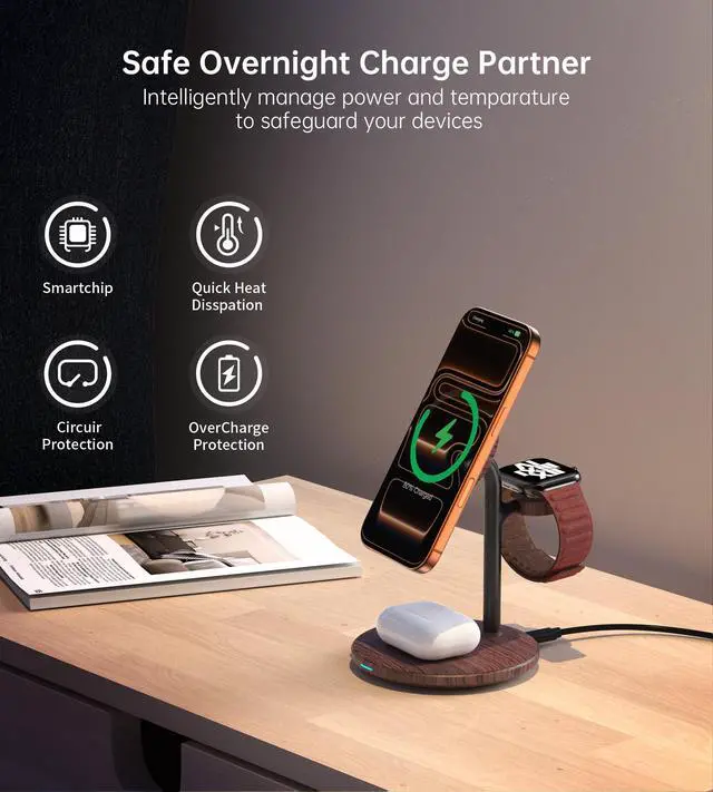 Alt view image 6 of 7 - XooFly 3 in 1 Wireless Charging Station for Apple Devices, Fast Wireless Mag-Safe Charger Stand with 20W Adapter for iPhone 17/16 15 14 13 12 Pro Max/Pro/Plus/Air/Mini,iWatch,AirPods,Brown Wood Grain