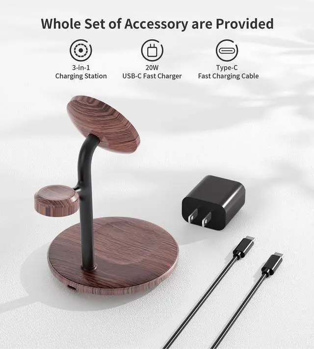 Alt view image 7 of 7 - XooFly 3 in 1 Wireless Charging Station for Apple Devices, Fast Wireless Mag-Safe Charger Stand with 20W Adapter for iPhone 17/16 15 14 13 12 Pro Max/Pro/Plus/Air/Mini,iWatch,AirPods,Brown Wood Grain