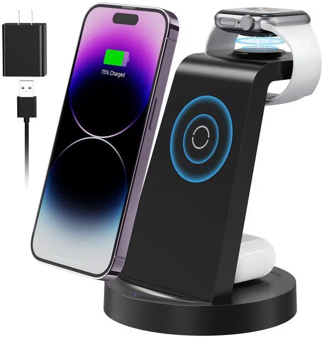 Main image of 3 in 1 Charging Station for Apple Device, Wireless Charger for iPhone 16e 16 15 14 13 12 11 Pro Max & Apple Watch iwatch- Charging Stand Dock for AirPods
