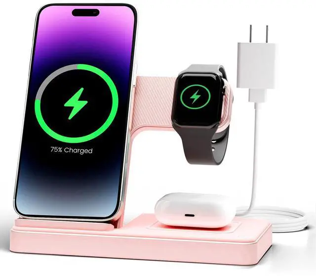 Main image of Wireless Charger Stand Charging Station: 3 in 1 Charger Stand Multiple Devices for Apple - iPhone 17 16e 16 15 14 Pro Max 13 12 11 - Watch 10 9 8 7 6 5 4 3 2 SE and Ultra Series-Airpods 4 3 Pro, Pink