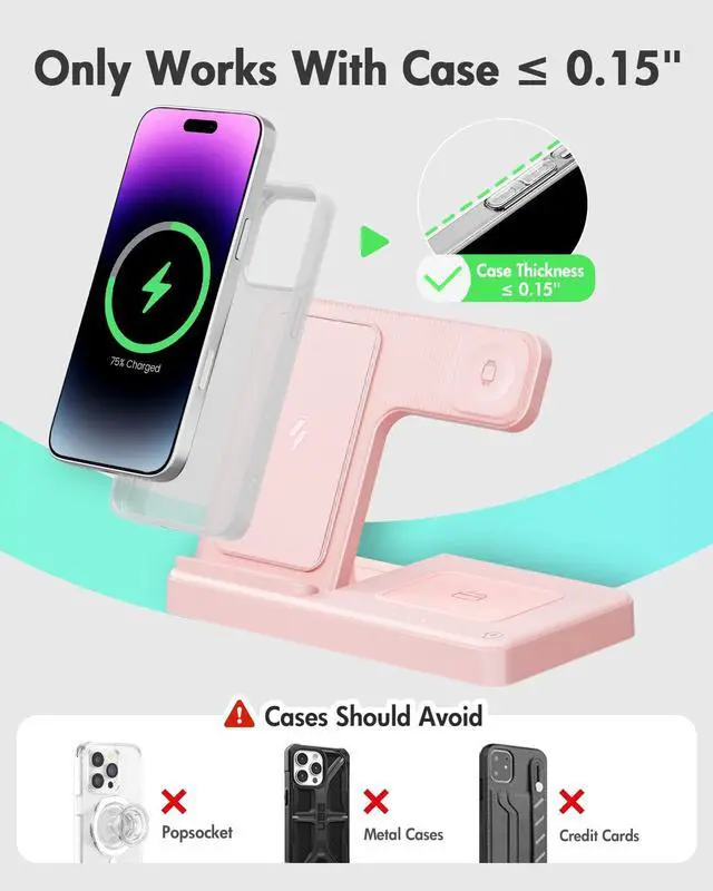 Alt view image 3 of 7 - Wireless Charger Stand Charging Station: 3 in 1 Charger Stand Multiple Devices for Apple - iPhone 17 16e 16 15 14 Pro Max 13 12 11 - Watch 10 9 8 7 6 5 4 3 2 SE and Ultra Series-Airpods 4 3 Pro, Pink